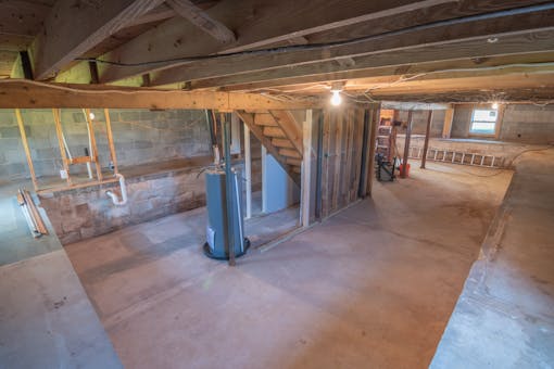 Basement with exposed plumbing pipes, typical of homes requiring sump pump installation
